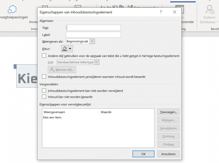 Keuzemenu aanmaken